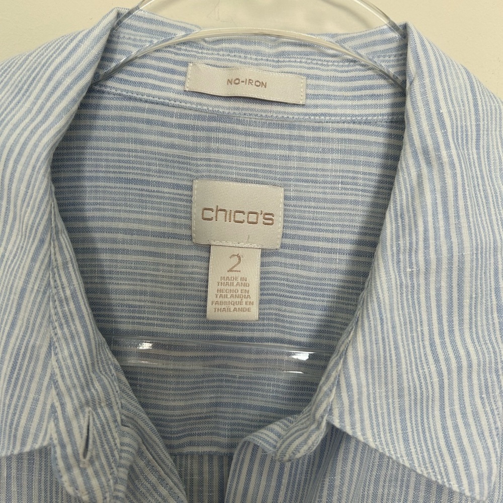 Chico’s‎ 100% Linen Blue and White Stripe Button Shirt Size 2 - Picture 2 of 7